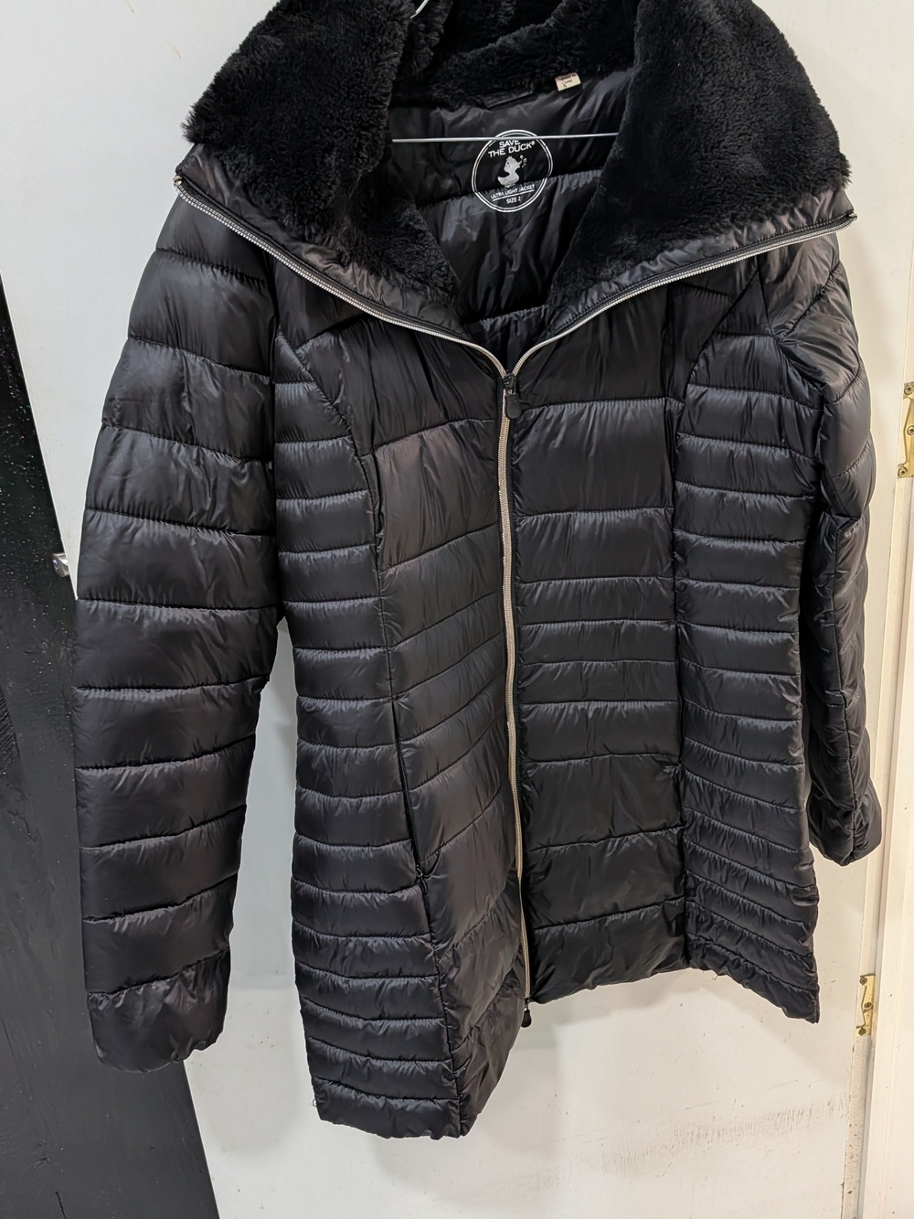 SAVE THE DUCK Black Quilted Puffer Coat with Faux Fur Collar